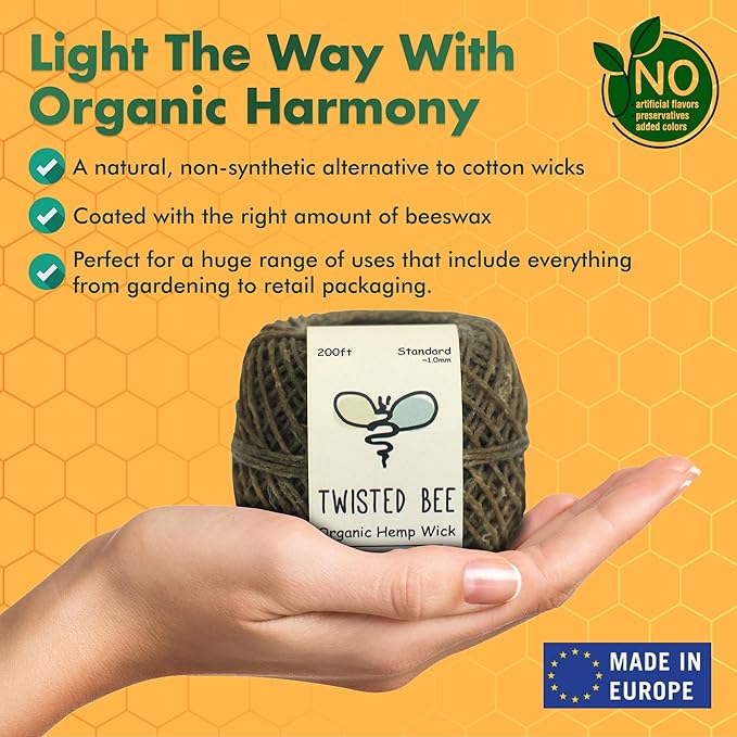 100% Organic Hemp Wick with Natural Beeswax Coating, Twisted Bee (200ft x Standard Size)