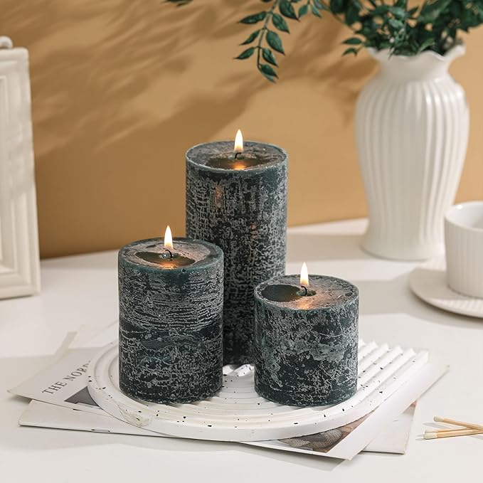 3x4 Inch Dark Green Pillar Candles Set of 3 - Hand-Poured Unscented Candles, Long Clean Burning, Dusty Sage Candle, Smokeless Dripless Candle for Dinner Table, Wedding, Home, Rustic Decor