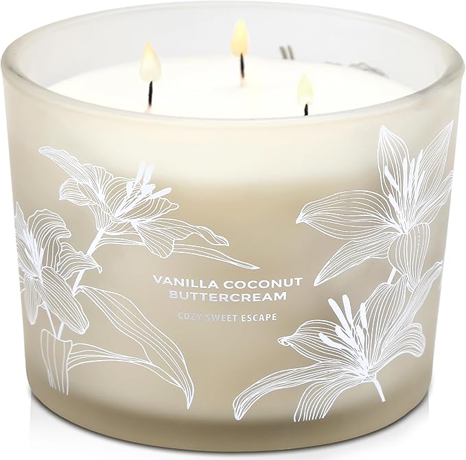 Vanilla Coconut Buttercream Candle, 14.5oz Large 3-Wick Soy Scented Candles for Home, Vanilla Cupcake Candle, Long Lasting Aromatherapy Candle, Gift for Mom Women