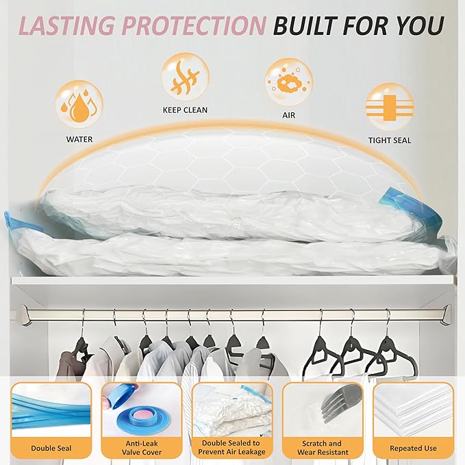 Cozy Essential Vacuum Storage Bags, 80% Compression Vacuum Seal Space Saver Plastic Packaging Bags for Clothes, Blankets, Pillow, Bedding, Comforters, Sealer Clothing Storage,6 XXL Jumbo
