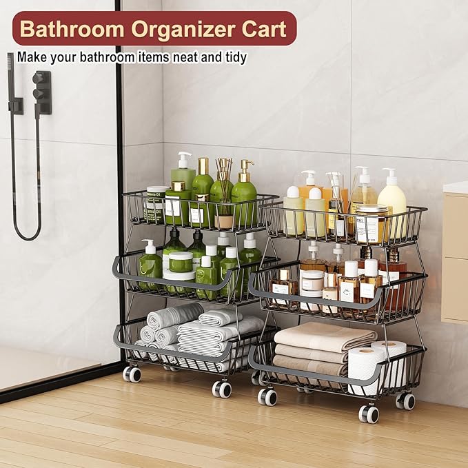 3-Tier Rolling Pantry Cart with Wheels, Stackable Wire Storage Floor Organizer for Kitchen Pantry Snack Shelves, Fruit Basket Stand, Vegetable Storage Rack for Food Snacks Onion Potato, Black, 2 Pack