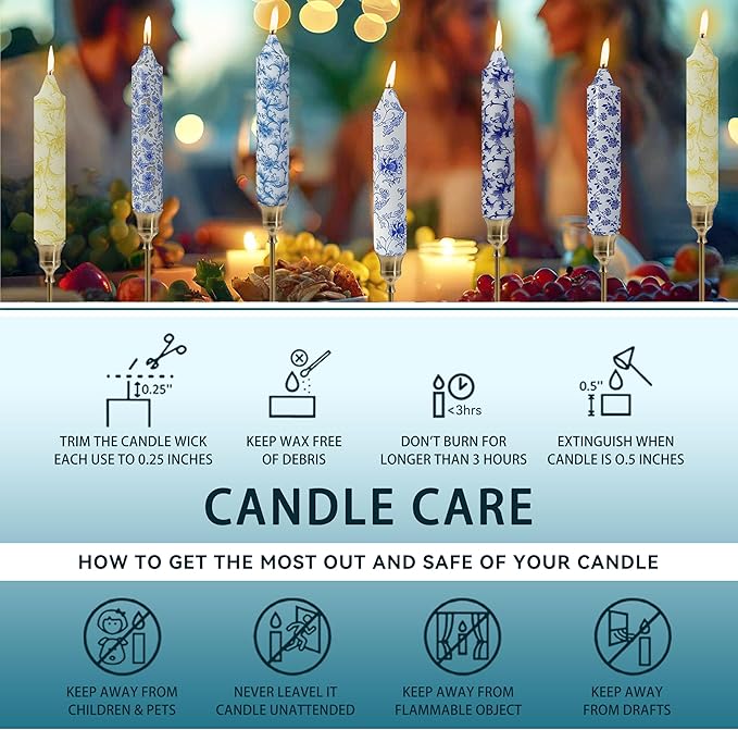 7 inch Short Candle Blue Quicksand Print Candle 4 Pack Handmade Unscented Taper Candles Printed Candlestick Smokeless Tapered Candles for Home Dinner Wedding Holiday