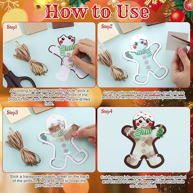 Tinlade 32 Set Christmas Gingerbread Man Suncatchers Craft Kit Xmas DIY Window Stained Glass Tissue Paper Make Your Own Gingerbread Hanging Ornaments Christmas Winter Home School Classroom Activities