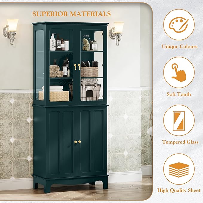 72" Tall Kitchen Pantry Cabinet with Glass Door and Adjustable Shelves, Vintage Food Storage Cabinet for Kitchen, Dining Room, Living Room, Teal