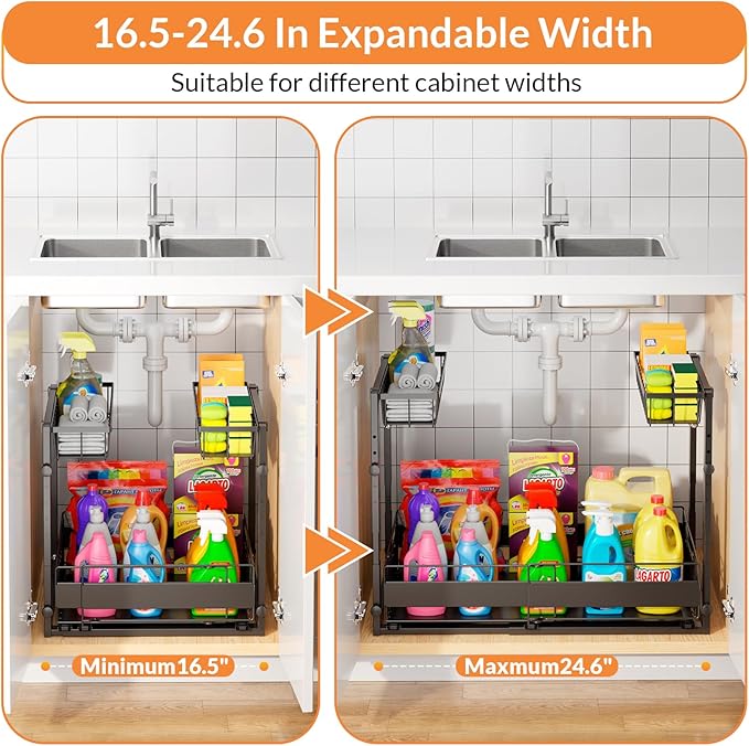 Expandable Under Sink Organizer with 5-Level Height Adjustment,2 Tier Under Sink Organizer Pull-Out Under Sink Drawers Cabinet Organizer for Kitchen & Bathroom Storage,Black,Large