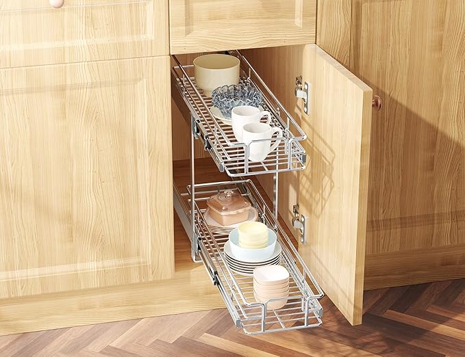 LOVMOR Individual Pull Out Cabinet Organizer, 2 Tier Slide Out Cabinet Drawers, Pots and Pans Organizer and Storage Pantry Shelf for Kitchen (7½" W x 21½" D)