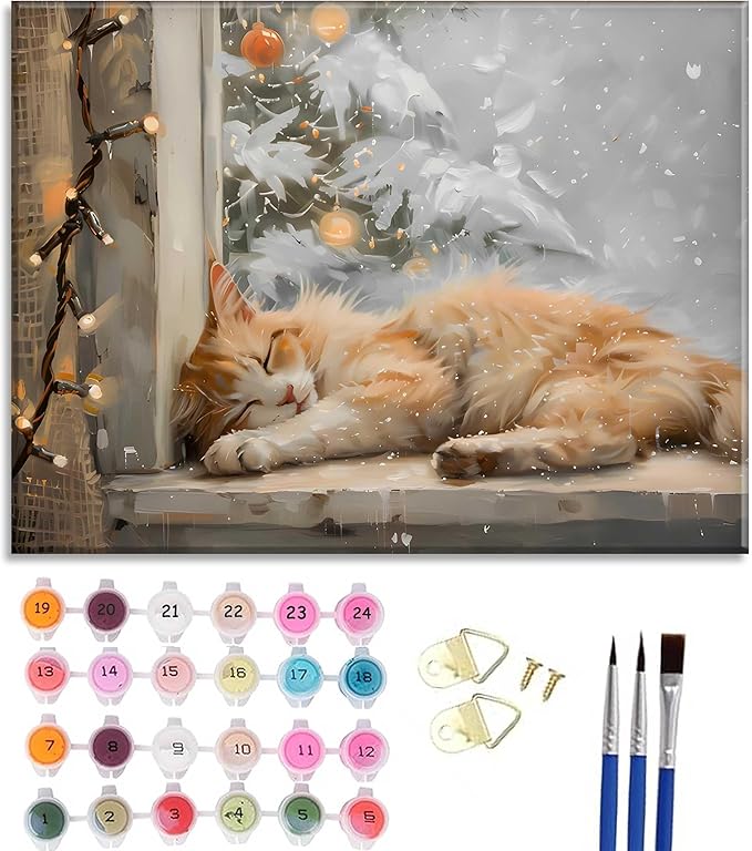 Paint by Number Kit for Adults & Kids, Christmas Sleeping Cat by Window 16x20 Inch, DIY Acrylic Painting Kit with Brushes & Paints, Holiday Art Decor for Home Framed