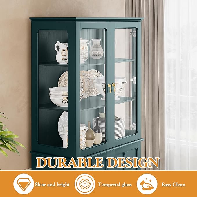 72" Tall Kitchen Pantry Cabinet with Glass Door and Adjustable Shelves, Vintage Food Storage Cabinet for Kitchen, Dining Room, Living Room, Teal