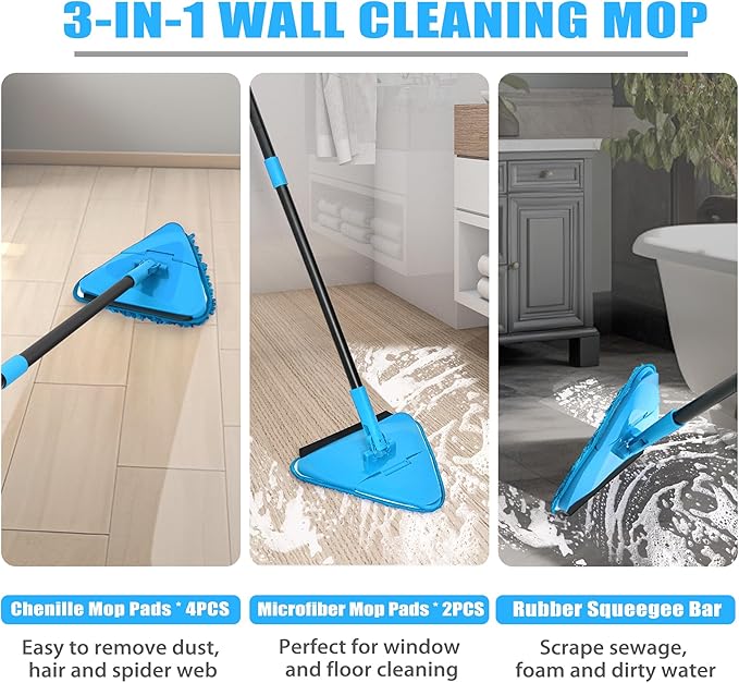 NEWE Wall Mop Cleaner with 80 Inch Long Handle, 180° Folding Ceiling Cleaner with Squeegee, Cabinet Cleaning Tool, Wall Scrubber, Triangle Baseboard Scrubber, 4 Chenille Duster & 2 Microfiber Pads