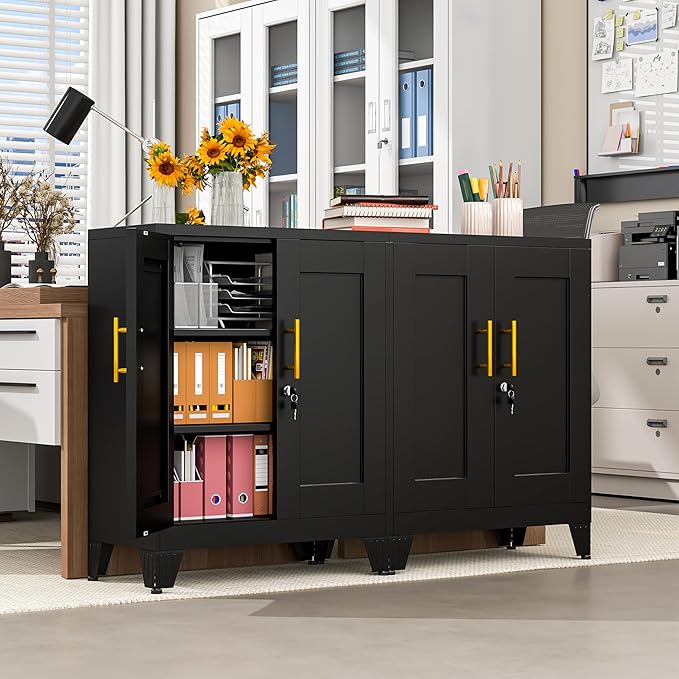 Black Metal Storage Cabinet, 36" Tall Locking Storage Cabinet with 2 Adjustable Shelves, Steel Locker Organizer, for Office, Home, School, 2PS