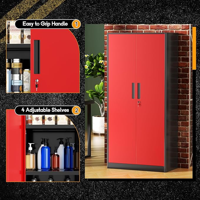 Greenvelly Metal Garage Storage Cabinet with Lock, 72" Metal Storage Cabinet with 2Doors and 4Adjustable Shelves, Steel Tool Cabinet for Home Office, School,Gym (Black&Red)
