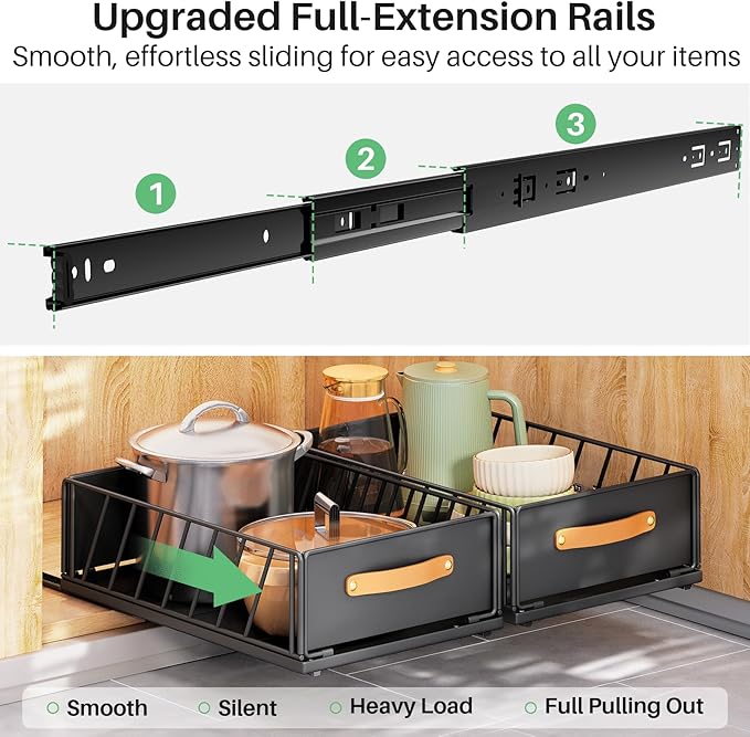 Pull out Cabinet Organizer,Heavy Duty Slide out Pantry Shelves Drawer Storage with Adhesive Nano Film,Sliding Mesh Cabinet Basket with Handle for Kitchen, Bathroom, Home, 13.8"W X 15.7"D X 6.2"H,Black