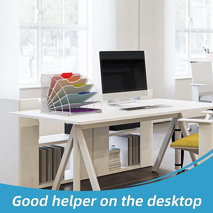 SUPEASY Fan Shaped Desk File Organizer, 6 Compartments for Filing Paper Bills, Letters, Desk Accessories for Workspace, School, Office, Waiting Room, Classroom Storage, White