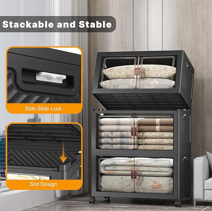 Stackable Storage Bins with Lids & Wheels & Door, Foldable Collapsible Closet Organizers, Extra Large Plastic Storage Drawers for Bedroom Dorm Office Garage (Dark-160qt, 3Pack with 1 top lid)