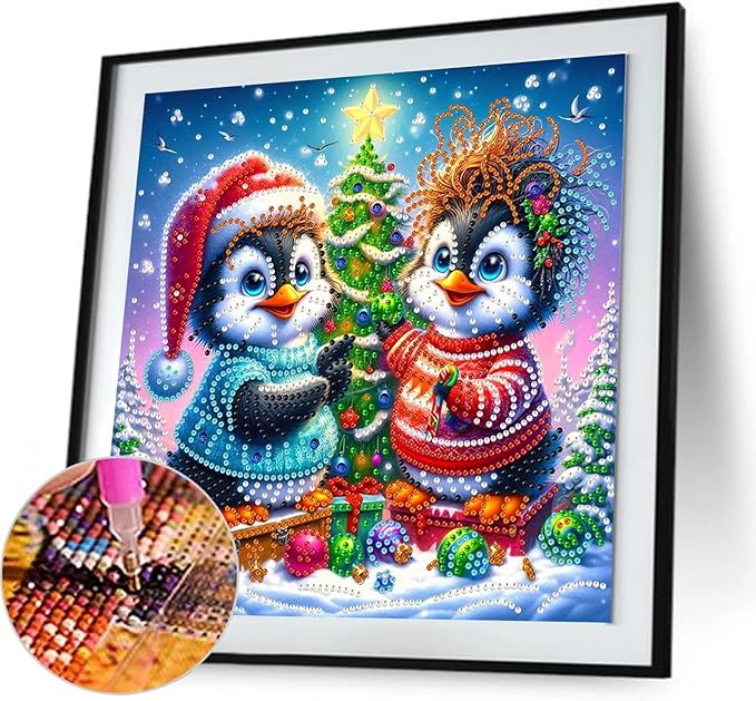 Christmas Penguins 5D Special Shape Diamond Art Kits for Beginners, Christmas Winter Theme Diamonds Painting Kits for Adults,DIY Crystal Rhinestones Diamond Paintings for Home Wall Decor 12×12Inch