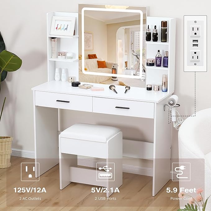 YIKEHOME Makeup Vanity Desk with Mirror and Lights, Makeup Table with 2 Large Drawers, 3 Color Modes Adjustable Bulb, Power Outlet and Round Holder, Dressing Table for Women Girls Bedroom