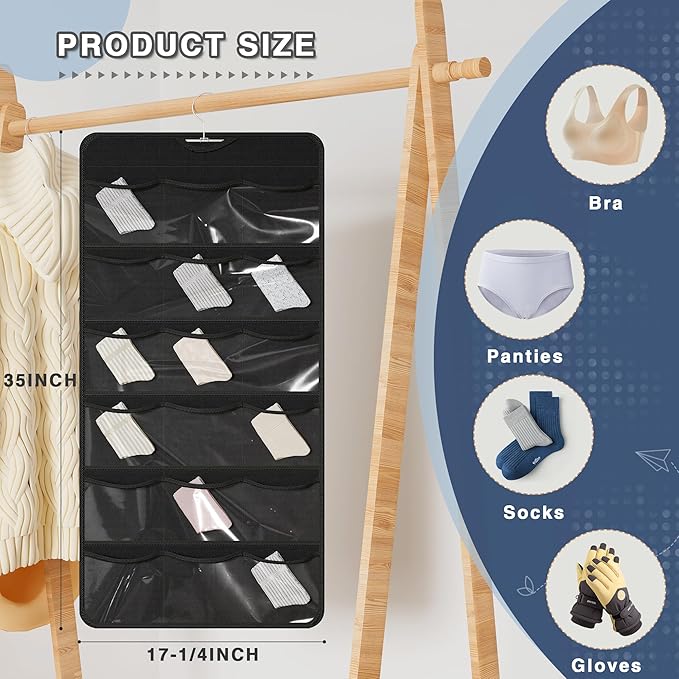 27-Pocket Hanging Organizer for Socks, Underwear, Bras, and Leggings, Dual-Sided Closet Storage for Lingerie and Kids’ Clothing, Black
