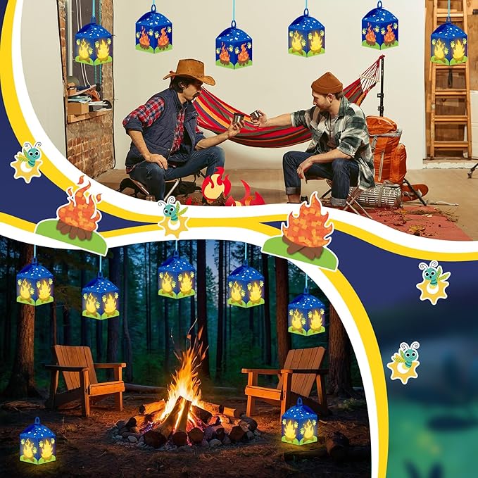 Simgoing 12 Sets Camp Crafts with LED Candles Lights Camping Campfire Vbs Tissue Paper Crafts Kits DIY Campfire Lantern Hanging Ornaments for Vbs Sunday School Party Activities