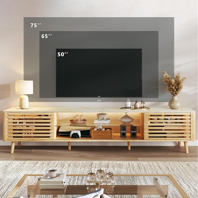 HUAHUU 70" TV Stand for 55/65/75 Inch TV, Faux Marble Top Entertainment Center with Slatied Sliding Door & LED Lights, Mid Century Modern Style, Low TV Console with Glass Shelves for Bedroom
