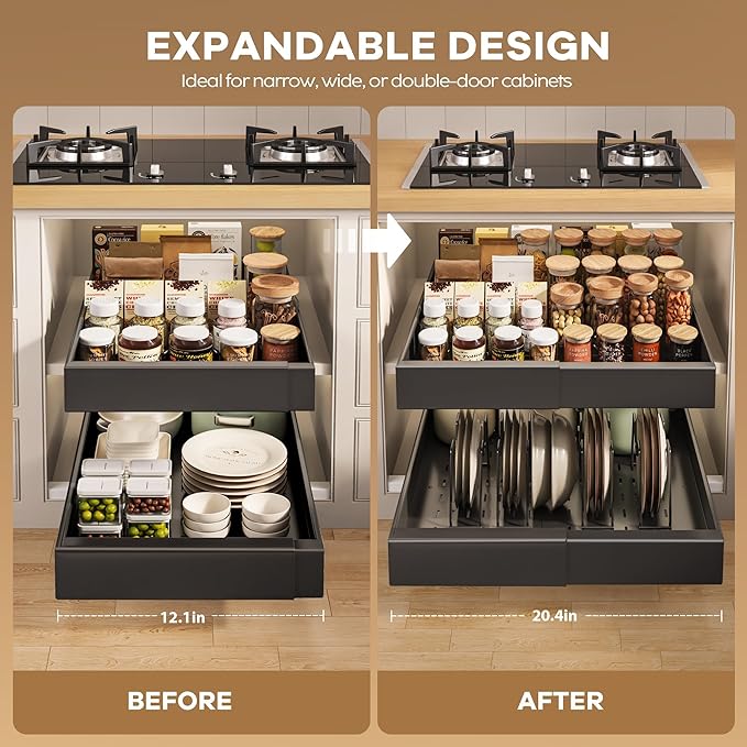 Seinloes 6 Pack Pull out Cabinet Organizer 21"Deep with Raising Pad for Framed Cabinets, Expandable Slide out Drawers for Kitchen Cabinets with 6pcs Divider Racks, Roll out Shelves 12.1"-20.4" W Black