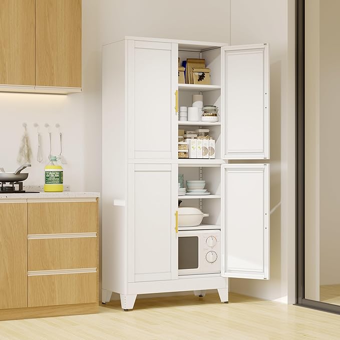 75" H Tall Kitchen Pantry Cabinet, Pantry Storage with Doors and 3 Adjustable Shelves, Metal Storage, Cupboard for Kitchen, White