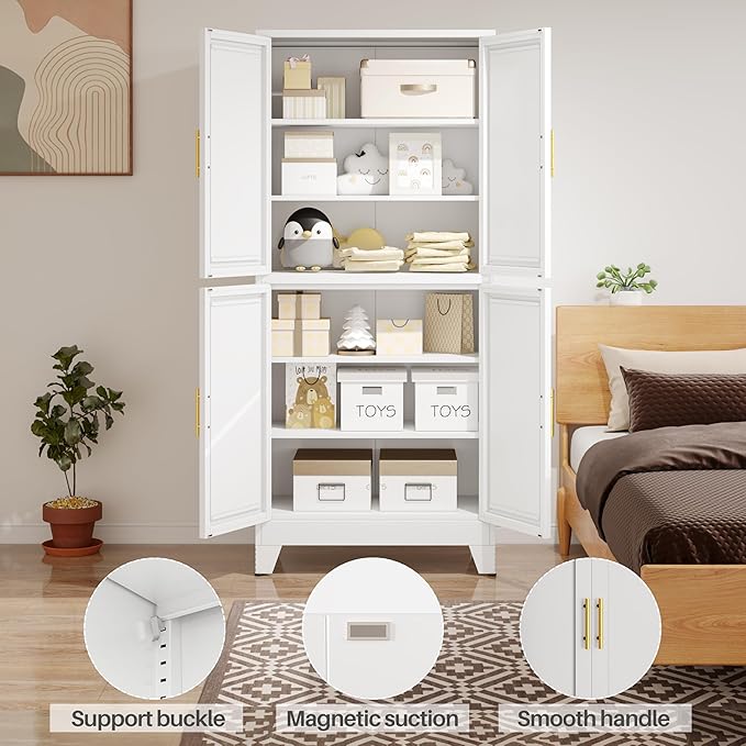 75" H Tall Kitchen Pantry Cabinet, Pantry Storage with Doors and 3 Adjustable Shelves, Metal Storage, Cupboard for Kitchen, White
