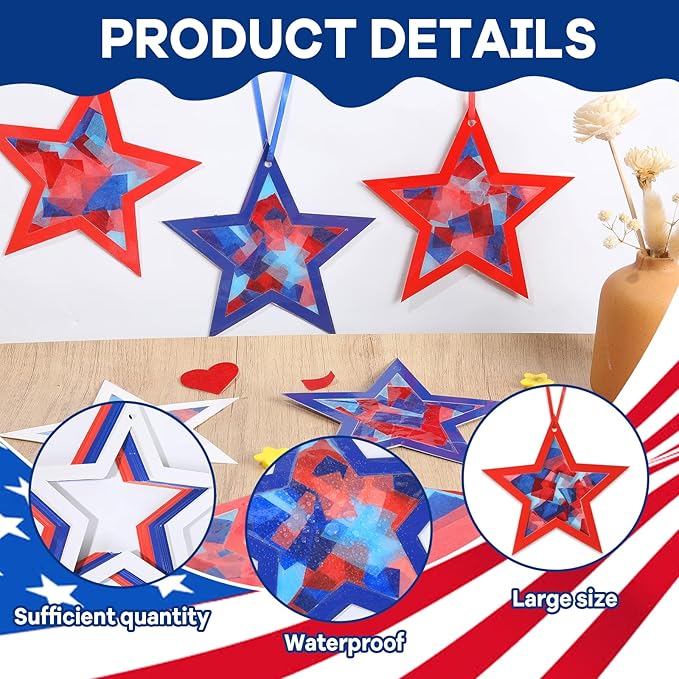 Qyeahkj 36 Set 4th of July Suncatchers Crafts for DIY Patriotic Star Window Tissue Paper Craft Kit Star Hanging Decor for Patriotic Home Activity Art Project Birthday Party Favor Gift
