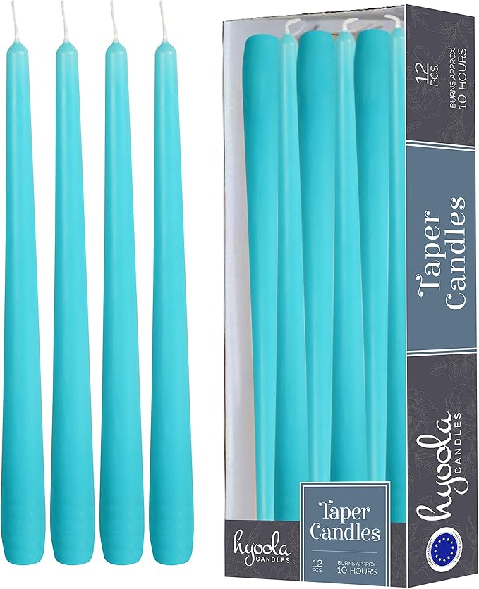 12 Pack Tall Taper Candles - 12 Inch Light Blue - Turquoise Dripless, Unscented Dinner Candle - Paraffin Wax with Cotton Wicks - 10 Hour Burn Time