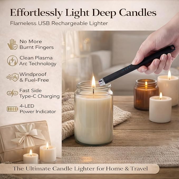 Castelar Candle Lighter, Electric Lighter Windproof Flameless with Safety Switch, USB Rechargeable Lighters for Candle, Grill, BBQ, Camping, Birthday & Stocking Stuffers (Black)