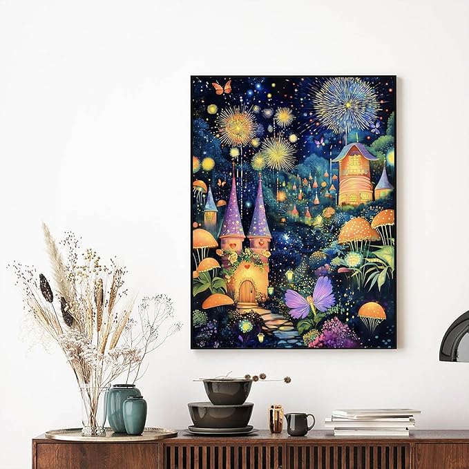 Mushroom House Night Diamond Art Kits for Adults,5D Diamond Painting Kits for Adults,Diamond Painting Diamond Art with Full Drill Diamond Dots,DIY Gem Crafts Kits for Home Wall Decor Gift 12x16 inch