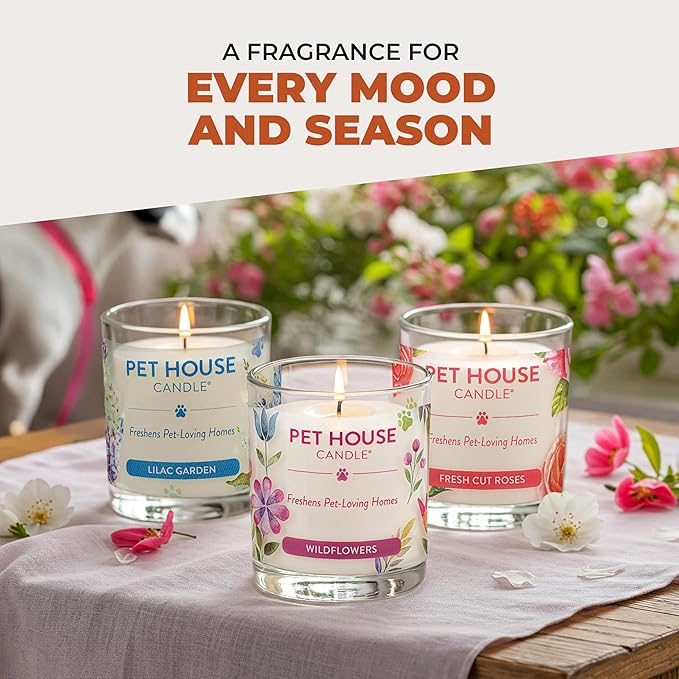 One Fur All Pet House Candle 2 Pack - Plant-Based/Soy - Clean Burning Scented, Long Lasting Pet Odor Candle for Home - Vanilla Sandalwood