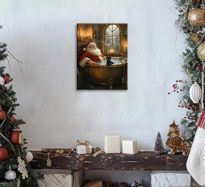 Paint by Number Kit for Adults, Funny Santa in Bathtub with Black Cat 16x20 Inch, DIY Acrylic Painting Kit with Brushes & Paints, Humorous Christmas Art Decor for Home Framed