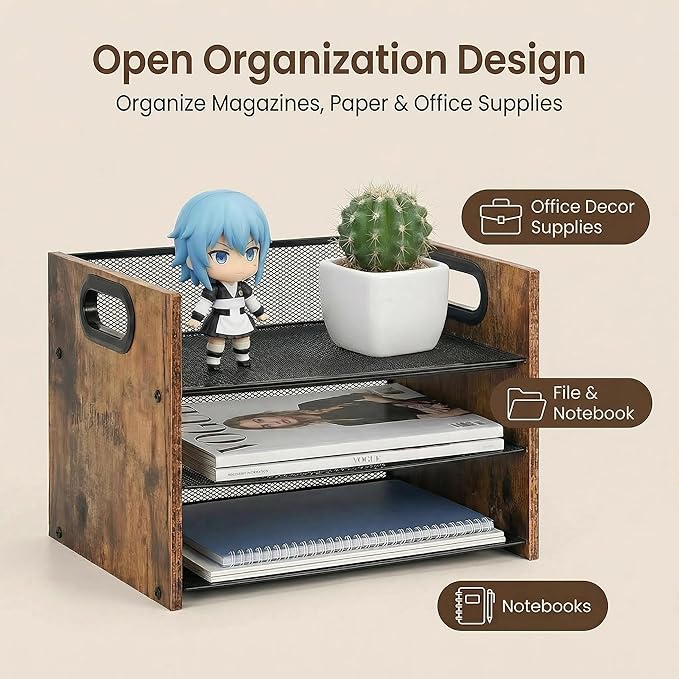 Desk Organizer - 3 Tier Wood & Metal Mesh Desktop Organizer for Office, Home, School, Workspace, Office Desk Organzier for Papers, Mail, Notebooks, Stationery