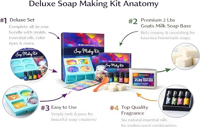 Soap Making Kit for Adults, Make Your Own Soap with Melt & Pour diy gentle soap supplies; 6 Essential Oils, Silicone Soap Mold, Spoon, Dried Flowers, 1.5lbs. Goats Milk Soap Base, 4 Colors, 9 Labels