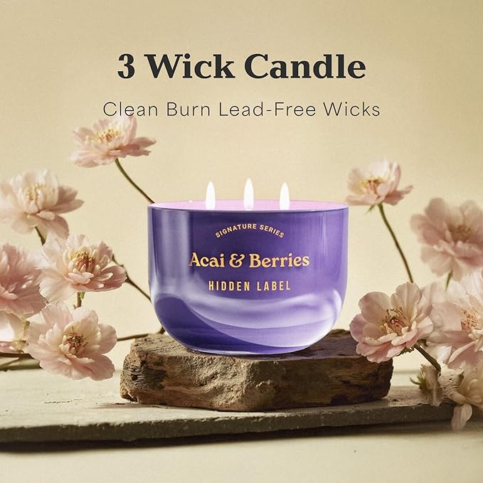 Acai Berries Scented Candle, 18oz Natural Soy Wax, 3-Wick Large Aromatherapy Candles for Home Scented, 70Hour Burn Time, Luxur Candles Gifts for Women and Men
