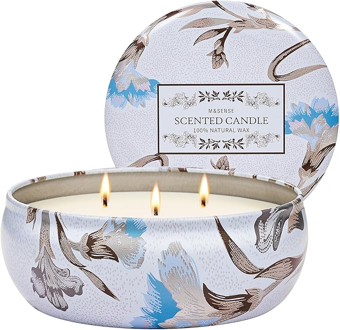 M&SENSE Happy Gardenia Scented Candles 12 oz,Large 3 Wick Soy Tin Candle, Over 40 Hour Burning Time, 100% Natural Vegan Wax Relaxing Aromatherapy Aesthetic Candle Gift for Women Men