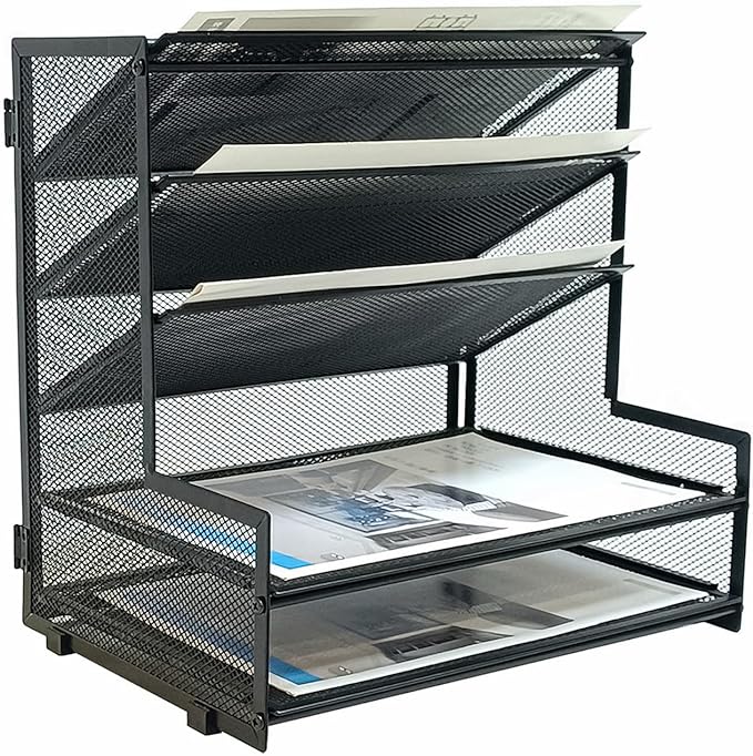 SETTFRFE Office Supplies Desk Organizer,Metal Desktop File Holder Organizer with 5 Tier Paper Tray,Black