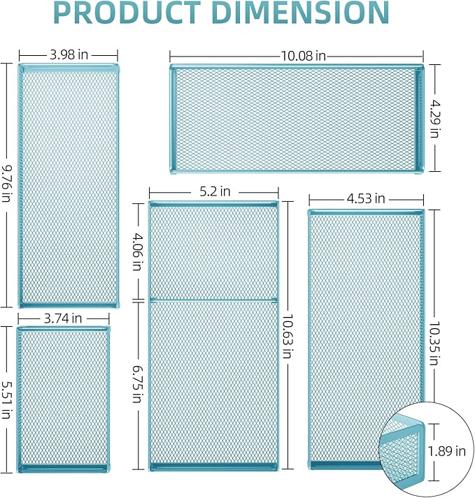 Marbrasse 5 Pack Desk Drawer Organizer Set, Mesh Drawer Storage Trays with 1 Adjustable Divider, Desk Organizers and Accessories, 5 PCS Drawer for Office Supplies, Makeup & Vanity (Blue)