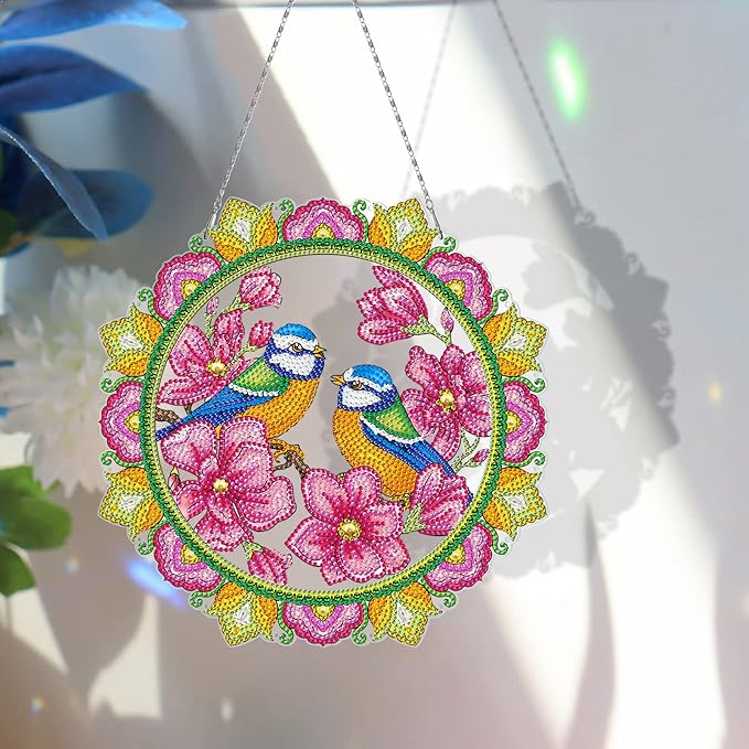 Birds and Flowers Gem Art Hanging Pendant with LED Light String DIY Diamond Art Painting Spring Wreaths Hanging Ornament Special Shape Rhinestones by Number Kits Outdoor Garden Yard Spring Door Decor
