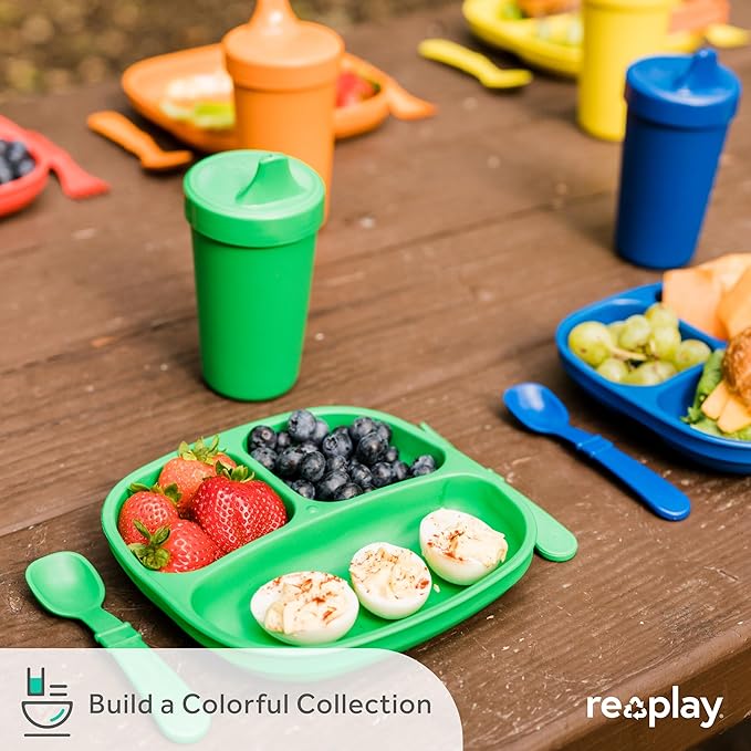 Re-Play Toddler Plates with Dividers - Deep-Walled 3 Compartments Divided Plates for Kids - Dishwasher & Microwave Safe - Made in USA - Set of 4-7.37" x 7.37" x 1.25" - Christmas