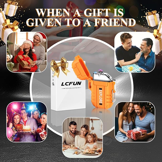 LcFun Electric Lighter - USB C Rechargeable, Windproof, Waterproof Flameless Dual Arc Plasma Lighters with Portable Lanyard for Adventure, Survival Tactical, Camping Gadgets for Men (Orange)