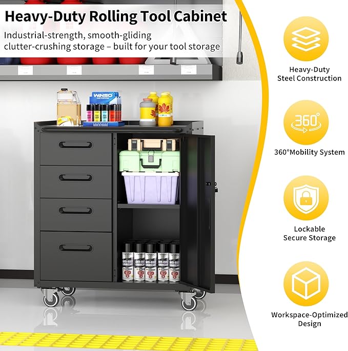 Garage Storage Cabinets with Wheels, Locking Metal Storage Cabinets with 4 Drawers and 1 Door, Easy Assembly Rolling Tool Cabinet for Garage, Basement,Warehouse
