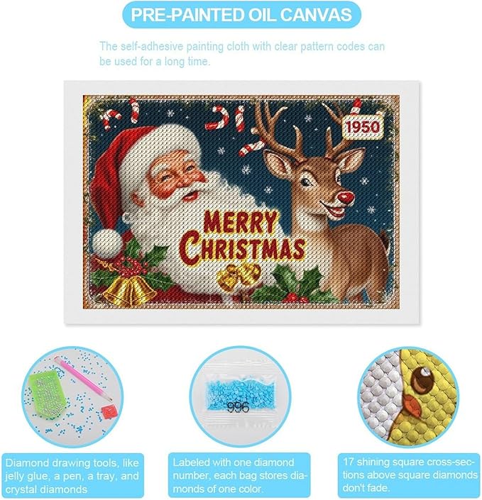 AIVKIEJK Diamond Painting Kits for Adults - Christmas 1950 Santa Claus and Deer Painting DIY 5D Full Drill Diamond Dots Paintings with Diamonds Gem Art and Crafts Home Decor 8"x12"