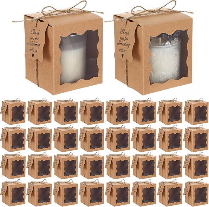 Lemecima 50 Set Candle Gift Box Transparent Gift Packaging Box for 4-10 oz Candles 50 Paper Thank You Tag with Ropes for Wedding Birthday Baby Shower Party Favor, 3.35 x 3.35 x 3.94 in (Brown)