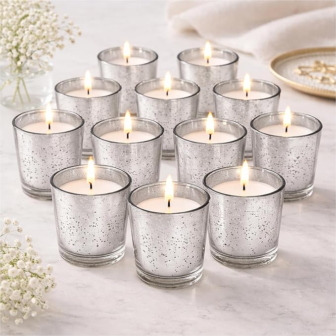 Hosley Set of 24 Silver Mercury Filled Glass Votive Candles. Ideal Gift for Weddings, Bridal Showers, Parties, Home Decor, and Special Events