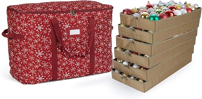 Covermates Keepsakes Adjustable Ornament Storage Bag – Heavy-Duty Polyester, Padded Dividers & FlexGrid Trays – Protective Holiday Ornament Organizer with Handles & Label Window, Red Snowflake