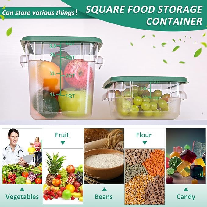 Yungyan 16 Pcs Restaurant Food Storage Containers with Lids Set 2Qt and 4Qt Commercial Restaurant Square Storage Containers Clear Food Cereal Container for Kitchen Freezer (Green Lids)