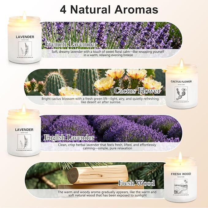 Scented Candles for Home,4 Pack Soy Candle Gift Set with 4 Fragrance Scents,Aromatherapy Lavender Floral & Wood Candles for Relaxation,Long Lasting Spa Candles for Bedroom Bathroom Gifts for Women