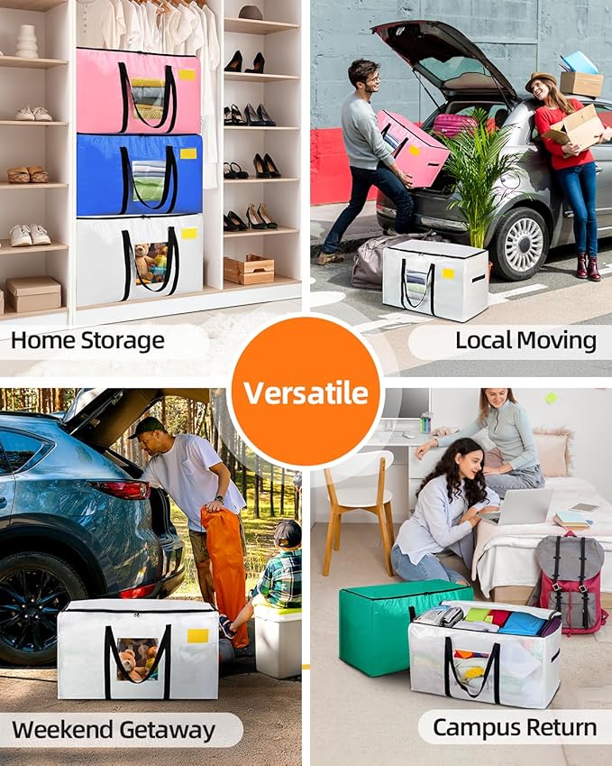 Extra Large Moving Bags, 4 Pack Heavy Duty Storage Bags Boxes Bins Totes with Hnadles Zippers Visible Window for Clothes College Dorm Travel, Clear