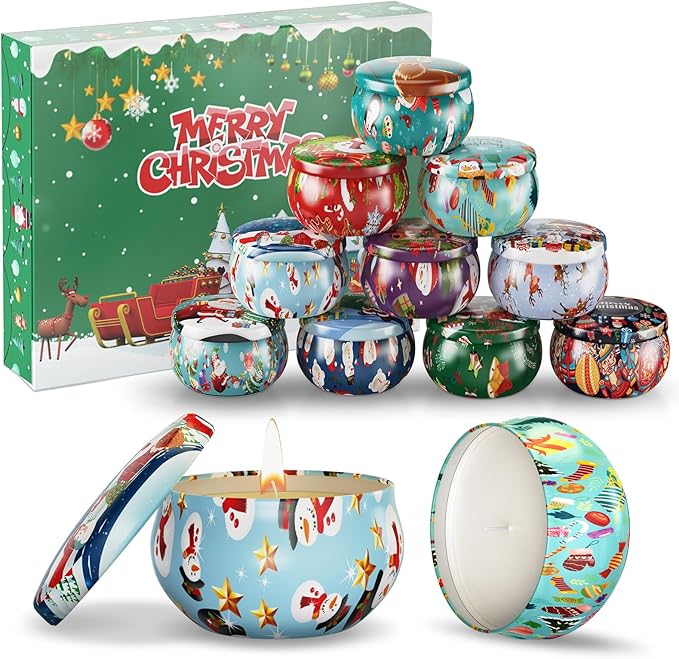 Christmas Candles Gifts Set for Women, Primevolve Scented Candles for 12 Bulk Home Aromatherapy, Strongly Fragrance Long Lasting Portable Travel Tin for Spa Bath Yoga